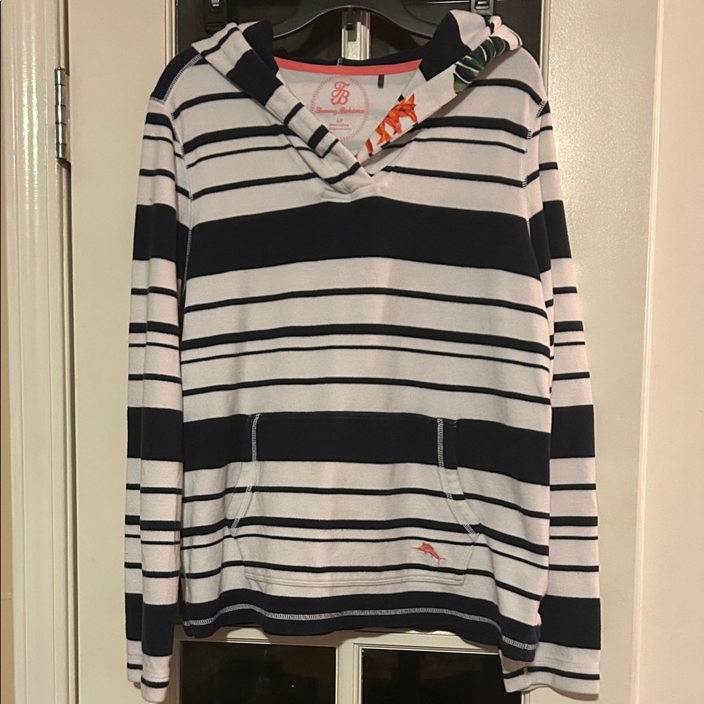Tommy Bahama Small Striped Hooded Pullover Summer Sweatshirt Navy & White
